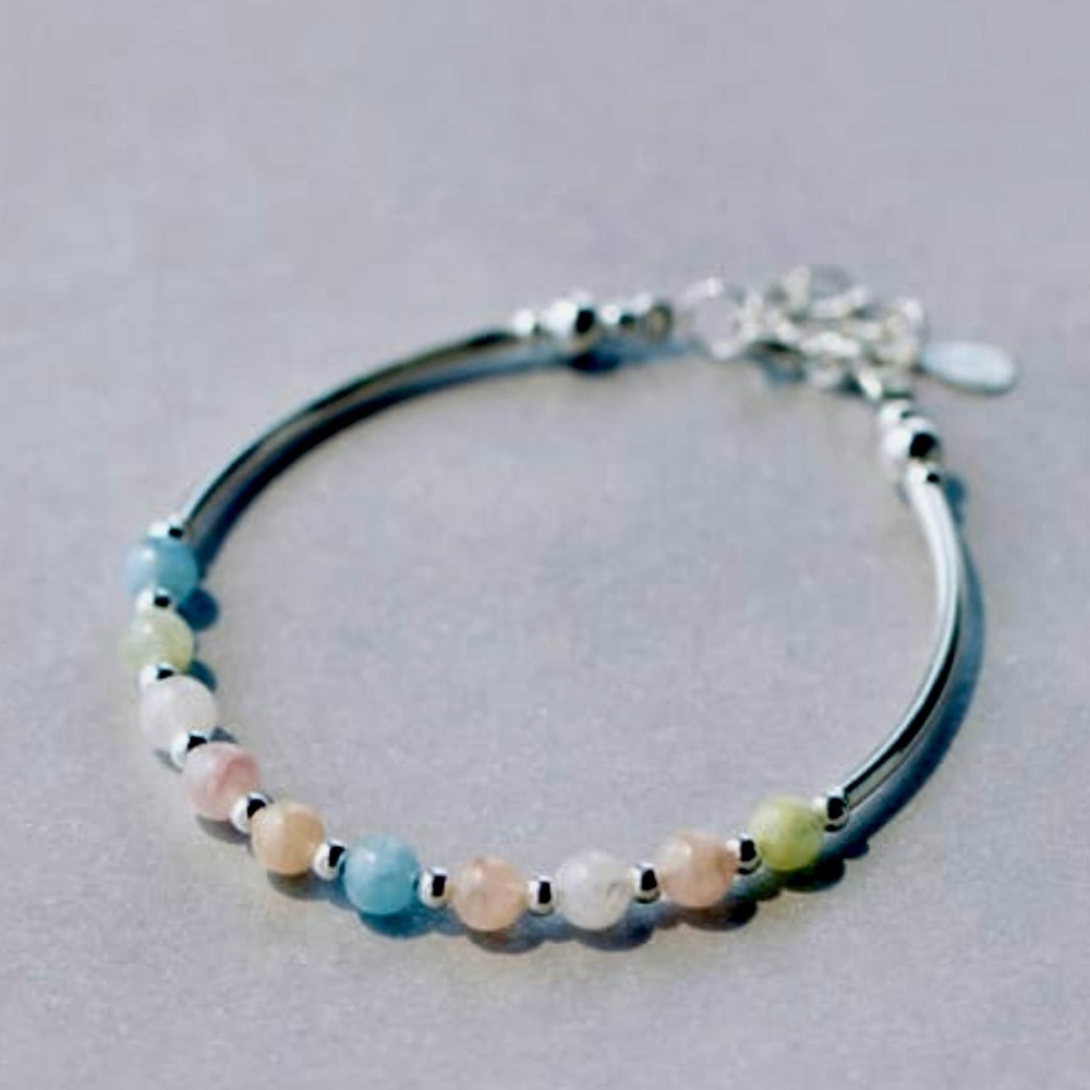 Solid Sterling Silver Natural Morganite 925 Silver Bracelet E8-32